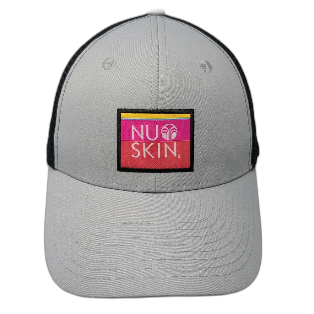 Nu Skin Trucker Hat Gray One Size Snapback Mesh Logo Patch Red Pink Accents